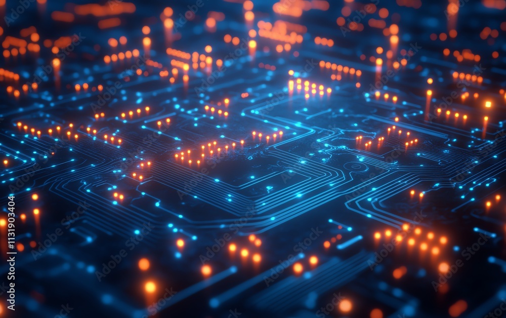Poster digital glowing world map contour on a blue illuminated background in the form of a microcircuit, re