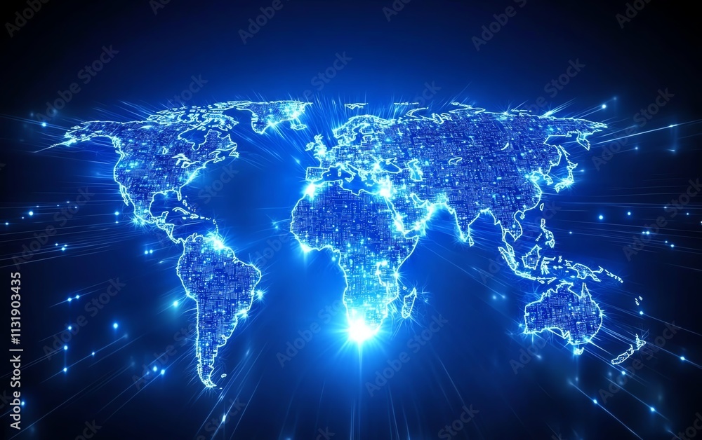 Poster digital glowing world map contour on a blue illuminated background in the form of a microcircuit, re