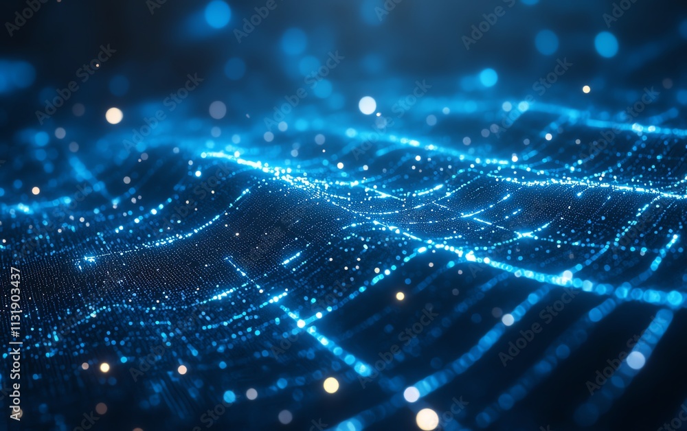 Poster digital glowing world map contour on a blue illuminated background in the form of a microcircuit, re