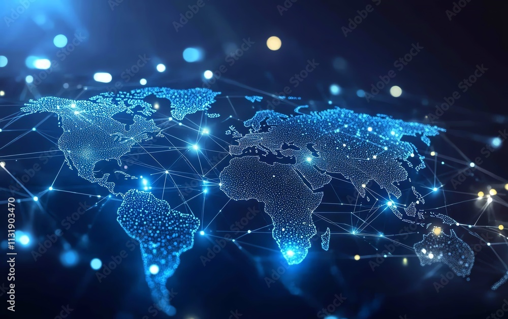 Poster digital glowing world map contour on a blue illuminated background in the form of a microcircuit, re