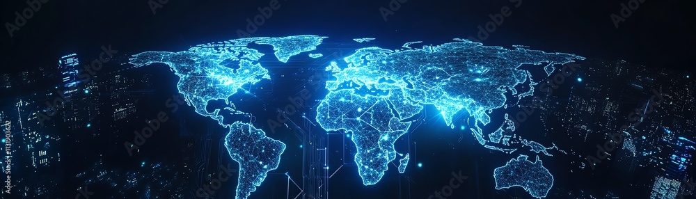 Poster front view of a digital world map outline glowing in blue, set against a microcircuit background, sy