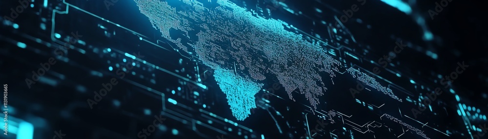 Poster front view of a digital world map outline glowing in blue, set against a microcircuit background, sy