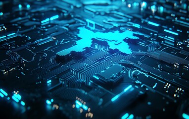 Global technology and connection concept with a digital world map contour in blue, illuminated by a microcircuit background in 3D rendering