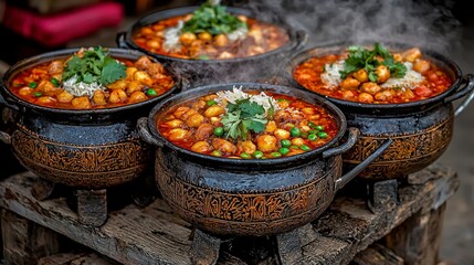 Fototapeta premium Steaming Hot Asian Street Food Pots Delicious Spicy Curry Night Market Cuisine