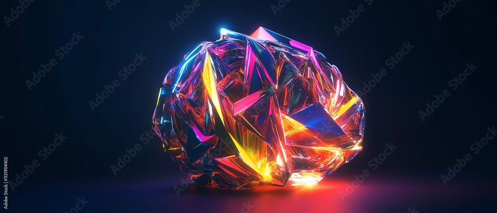 Poster polygonal brain with glowing colorful lines, symbolizing cognitive processes, innovation, and techno