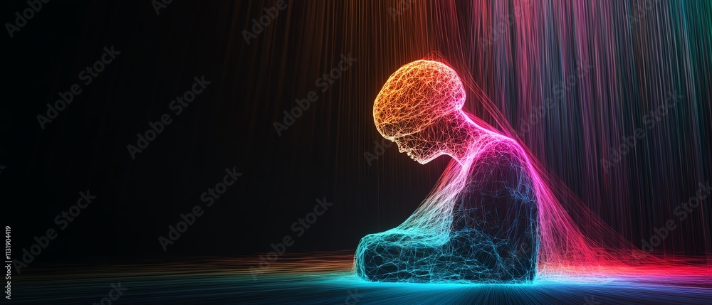 Poster polygonal brain with glowing colorful lines, symbolizing cognitive processes, innovation, and techno