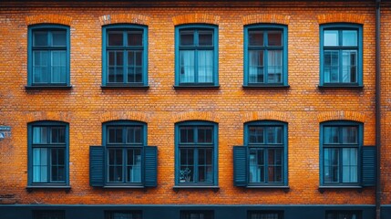 Fototapeta premium Orange brick building facade with teal windows and shutters.