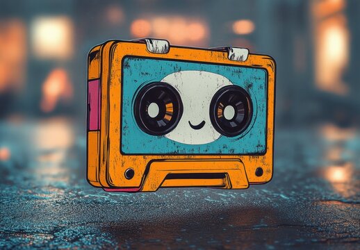 Whimsical Retro Cassette Tape Character Vibrant Colors Vintage Print Cartoon Style Dynamic Composition