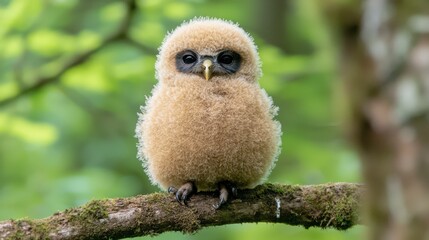 Obraz premium Adorable Fluffy Owlet Perched on Branch in Lush Forest