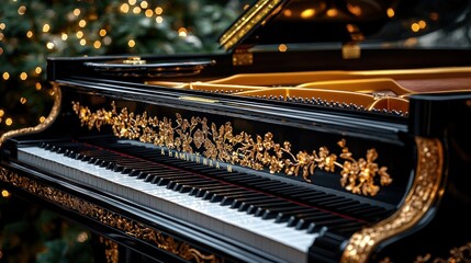 Ornate black grand piano with gold detailing, festive lights background.