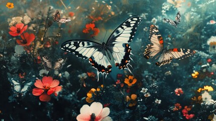 A scene with multiple butterflies flying around a garden filled with flowers, each butterfly and flower featuring different patterns.