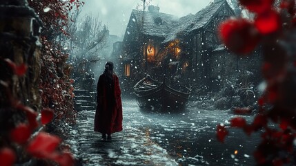 Snowy Village Walk: A Woman in Red Cloak