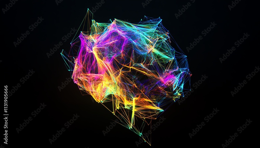 Poster 3d abstract glowing polygonal brain with vibrant color lines, showcasing the connection between huma