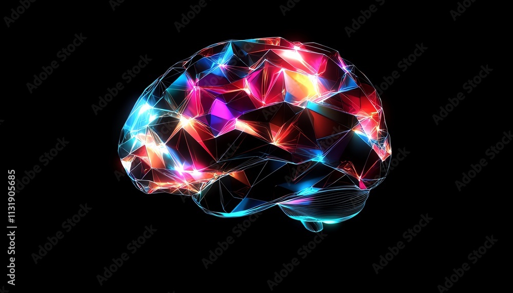 Poster 3d abstract glowing polygonal brain with vibrant color lines, showcasing the connection between huma
