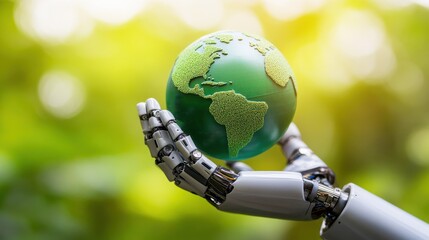 A robotic hand holds a green globe, symbolizing technology's role in environmental sustainability and global awareness.