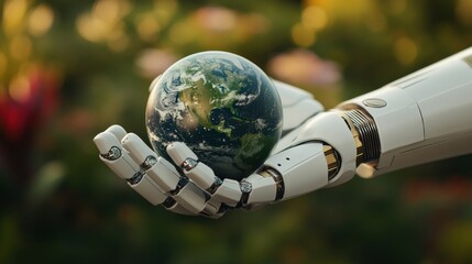 A robotic hand gently holds a small Earth, symbolizing the harmony between technology and the environment in a vibrant natural setting.
