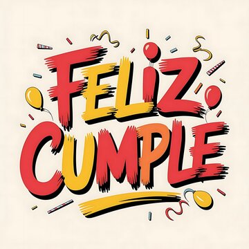 Feliz cumple and Feliz cumpleanos sign means Happy Birthday in Spanish language, calligraphy  Birthday party celebration gift with cake candle colorful balloons best congratulation on light background