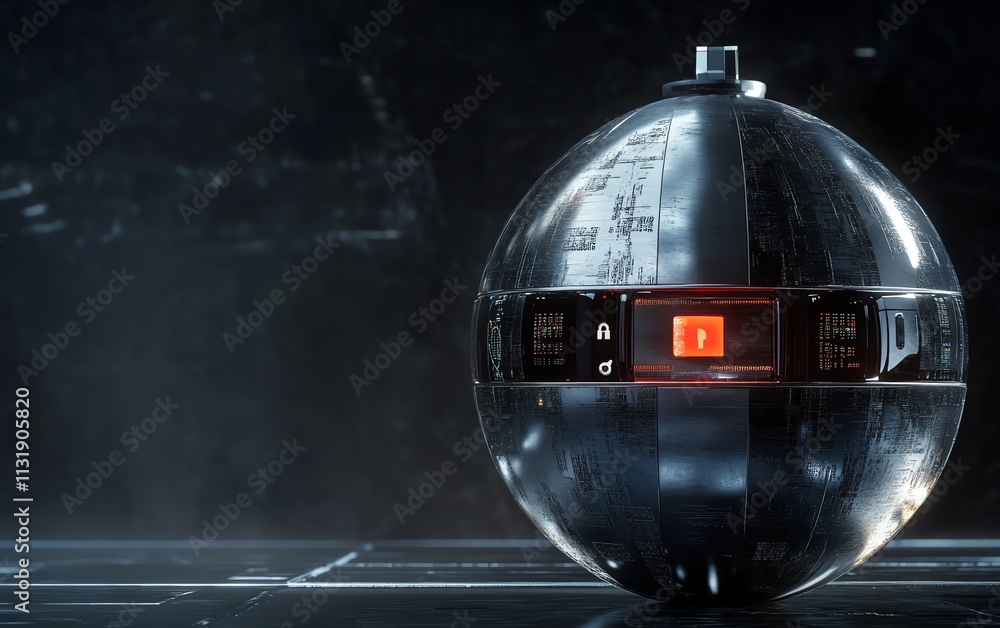 Poster 3d digital lock inside a round sphere on a dark abstract background, symbolizing internet security a