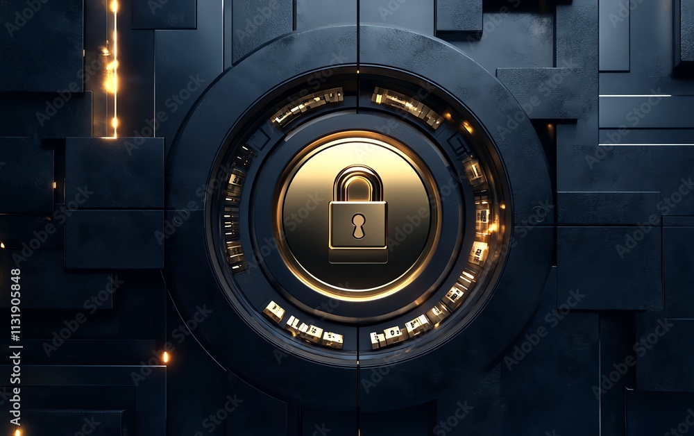 Poster 3d digital lock inside a round sphere on a dark abstract background, symbolizing internet security a