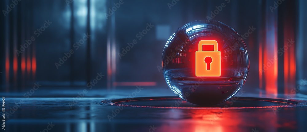 Poster 3d rendering of a bright digital lock sign inside a round sphere on an abstract dark wallpaper, symb