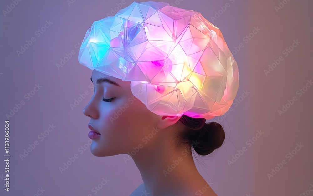 Poster 3d glowing polygonal brain with colorful lines, illustrating cognitive functions, neural innovation,
