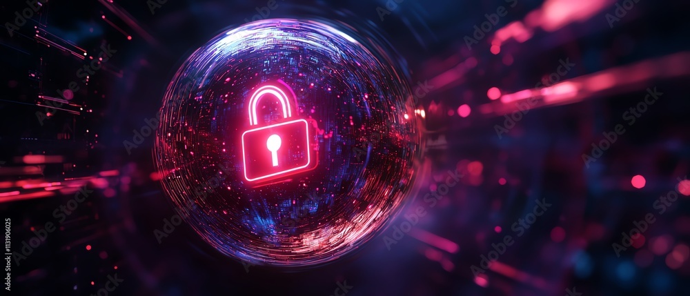 Poster 3d rendering of a bright digital lock sign inside a round sphere on an abstract dark wallpaper, symb