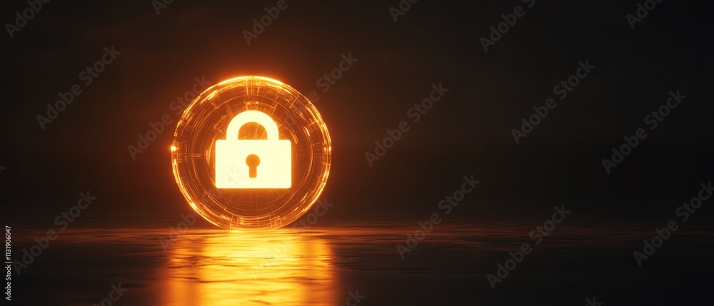 Poster 3d rendering of a bright digital lock sign inside a round sphere on an abstract dark wallpaper, symb