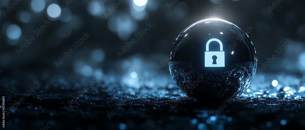 Poster 3d rendering of a bright digital lock sign inside a round sphere on an abstract dark wallpaper, symb