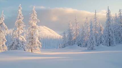 Snow-covered pine trees in a winter landscape at sunrise.