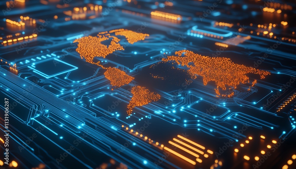 Poster 3d rendering of a glowing world map contour on a blue microcircuit background, representing global d