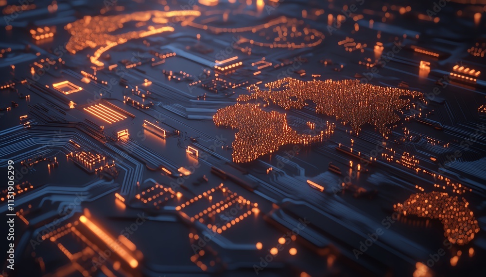 Poster 3d rendering of a glowing world map contour on a blue microcircuit background, representing global d