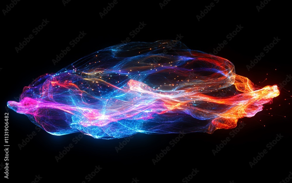 Poster 3d rendering of an abstract glowing polygonal brain with vibrant color lines, symbolizing neural con