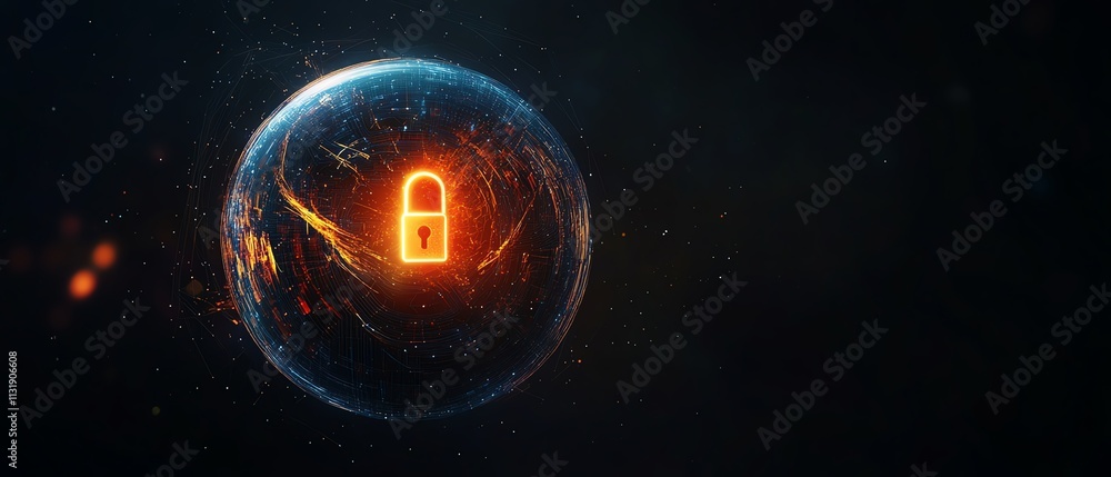 Poster abstract dark background with a glowing digital lock inside a round sphere, symbolizing internet dat