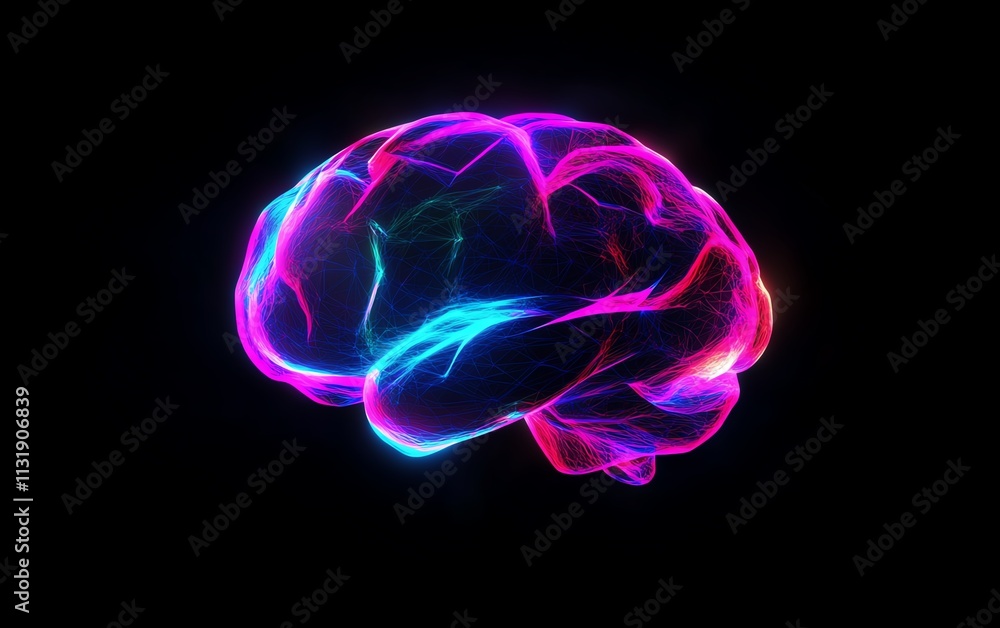 Poster abstract glowing polygonal brain with radiant color lines, illustrating the concept of artificial in