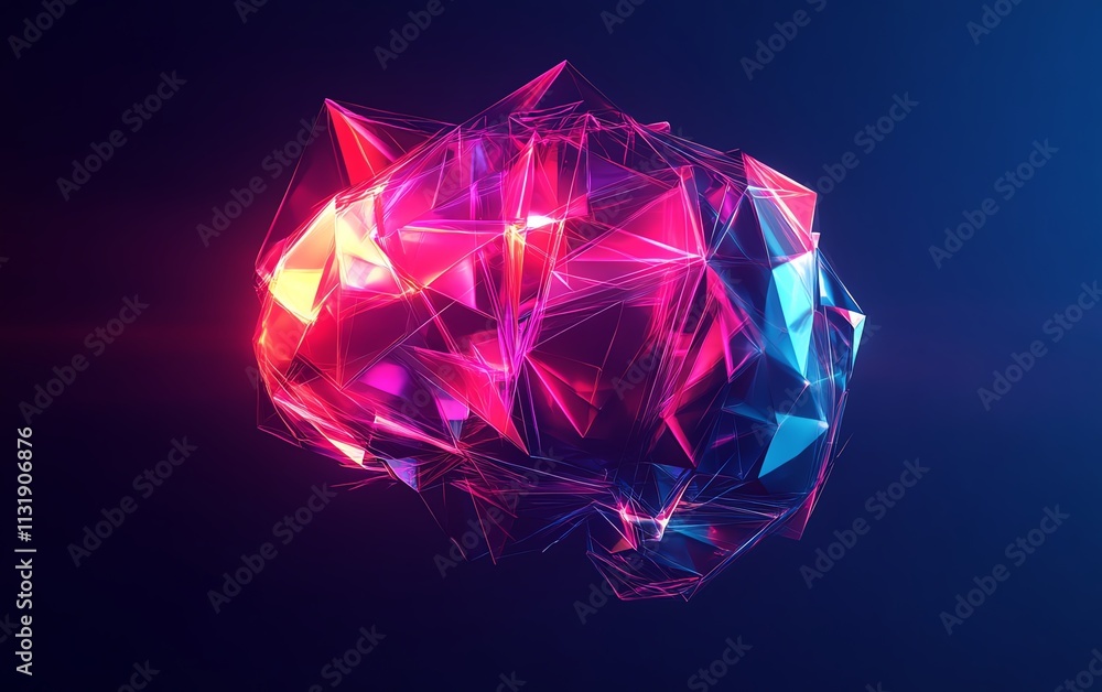Poster abstract glowing polygonal brain with radiant color lines, illustrating the concept of artificial in