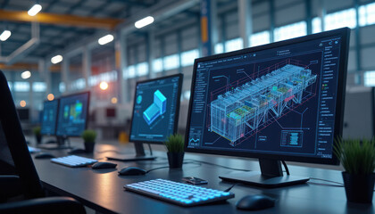 Naklejka premium CAD design software displayed on computer monitors in industrial factory. Engineers technicians work on 3D models on multiple screens. Detailed tech drawing shows industrial structure. Factory