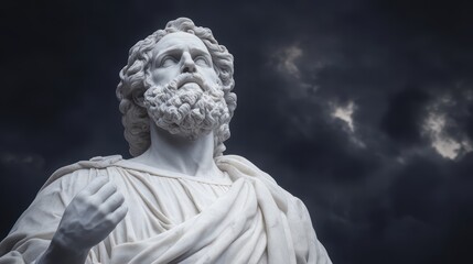 Fototapeta premium Majestic marble statue of a classical figure against dark clouds