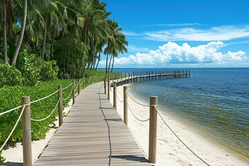 Obraz premium Serene Boardwalk Overlooking Tropical Paradise by Generative Ai