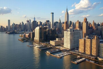 Fototapeta premium Waterfront Skyline at Sunset by Generative Ai