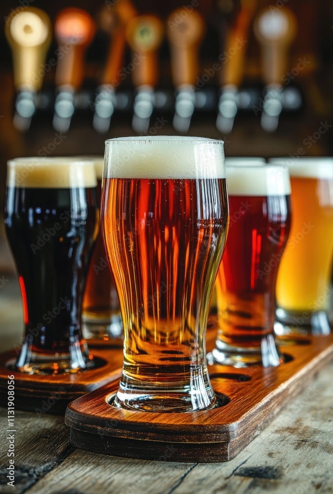 Aufkleber a beautiful display of craft beer selections featuring various hues and textures in glasses on a rus