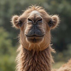 Fototapeta premium A close-up portrait of a calm Bactrian camel. The image showcases the camel's soft fur and peaceful expression.