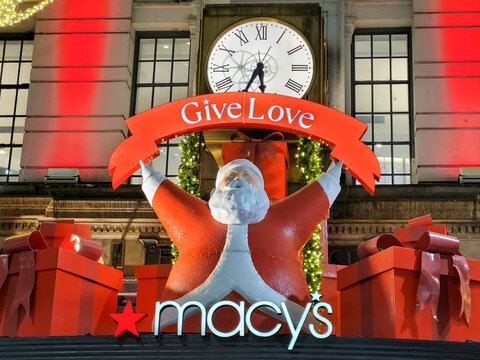 New York, New York, USA - December 11, 2024: Herald Square entrance to Macy's decorated for Christmas.