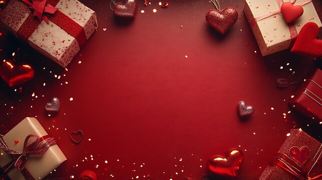 Red Valentine's Day Background and Gift Box with Decorations