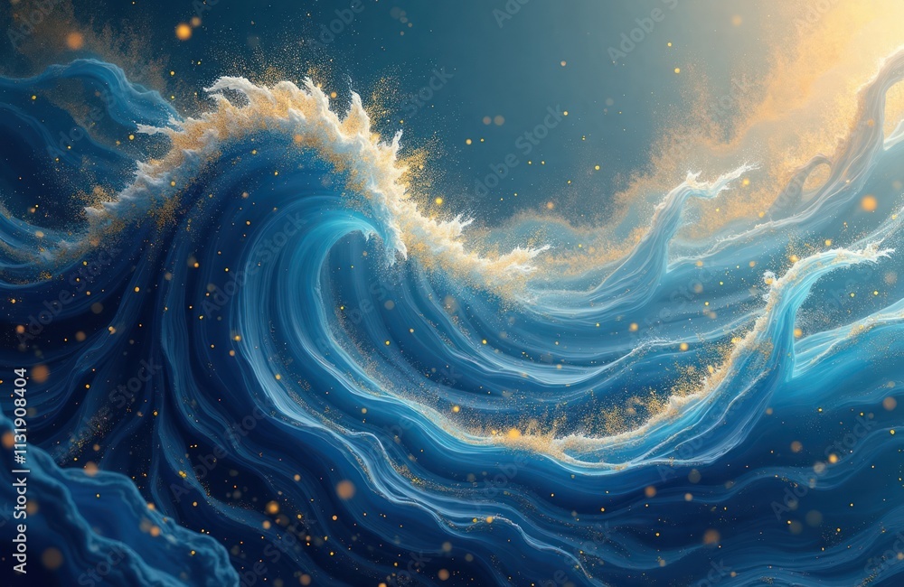 Aufkleber abstract wavy blue, gold ocean. dynamic water swirl pattern with gold particles. art design for mode