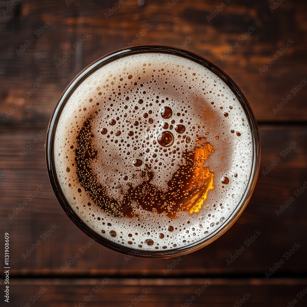 Aufkleber a close-up view of a refreshing beer in a glass with foam on top, showcasing rich amber color and un