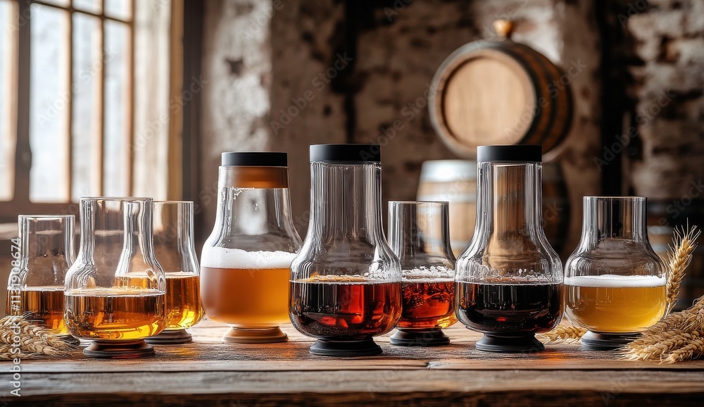 Poster a collection of various craft beers and ales in elegant glassware arranged on a rustic wooden table 