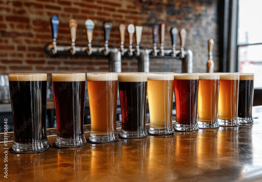 Poster a colorful array of craft beers in glasses displayed on a bar counter in a rustic brewery setting wi