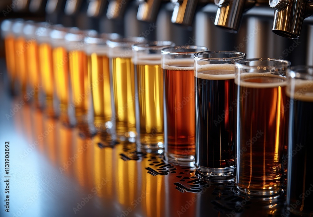 Poster a colorful array of craft beers in clear glasses displayed on a bar counter, showcasing various shad