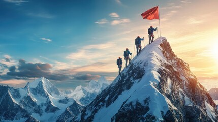 A group of people are standing on top of a mountain, with a red flag in the air