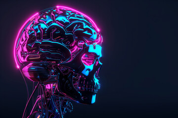 Chrome robotic skull with a glowing brain illustrating the concept of artificial intelligence